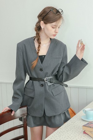 DD_V-neck collarless jacket and skirt set_CHACOAL
