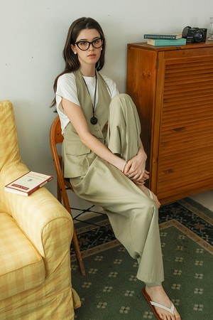 DD_Button vest and wide leg pants set_BEIGE