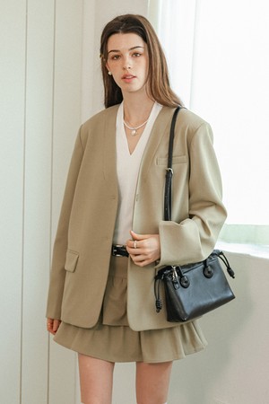 DD_V-neck collarless jacket and skirt set_BEIGE