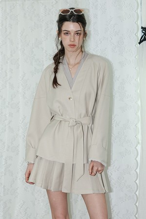 DD_Wrap style top and pleated mini skirt set_BEIGE