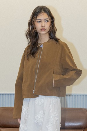 DD_Suede zip round neck jacket_BROWN