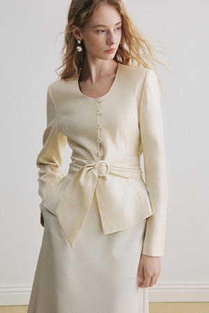 YY_U-neck waist satin jacket