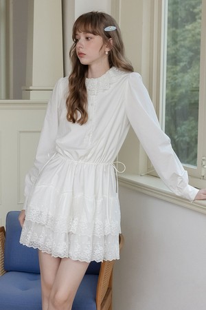 Cest_Lace trim long sleeve dress