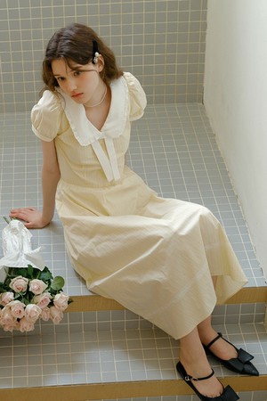 Cest_Bow lapel puff sleeve dress