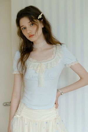 Cest_Lace ribbon puff sleeve blouse