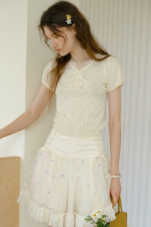 Cest_Pointelle bow lace knit top