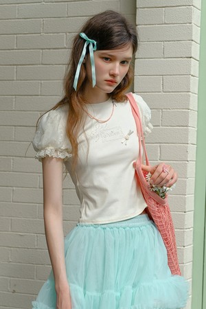 Cest_Rhinestone lace puff sleeve top