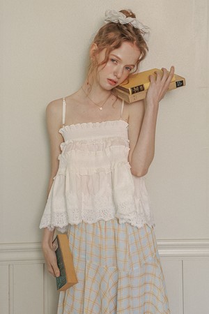 Cest_Lace frill smocking cami top_WHITE