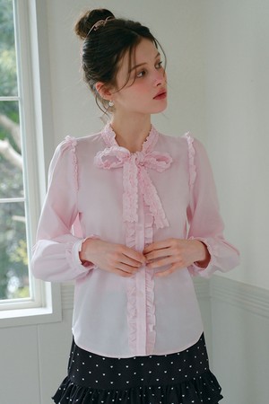 Cest_Ribbon tie ruffle button blouse
