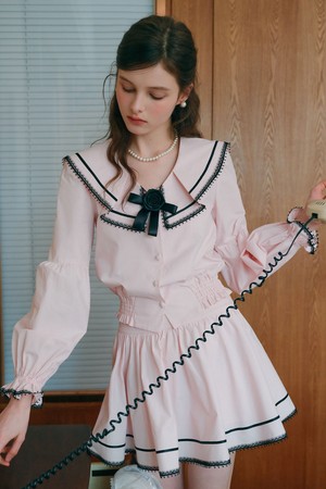 Cest_Pink sailor collar puff sleeve blouse