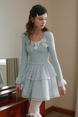 Cest_Slim ribbon layered dress