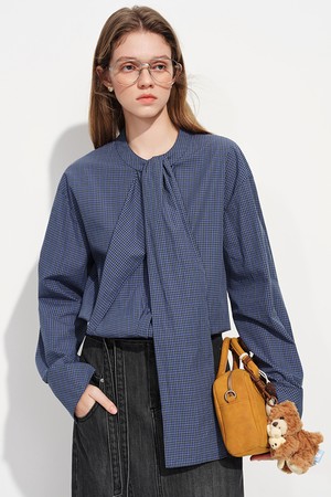 WD_Check scarf collar button blouse