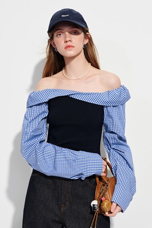 WD_Plaid off-shoulder blouse