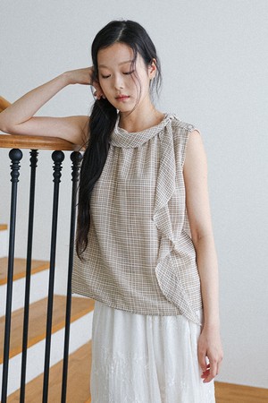 LS_Gingham frill sleeveless top_BEIGE