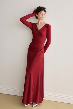 YY_Red v-neck twisted dress