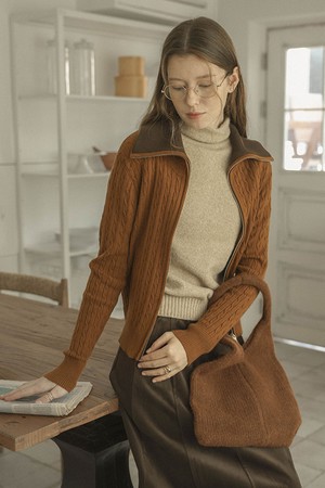 Cable knit zip-up cardigan_2color