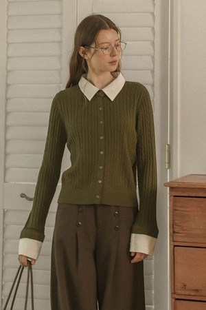 Contrast collar ribbed cardigan