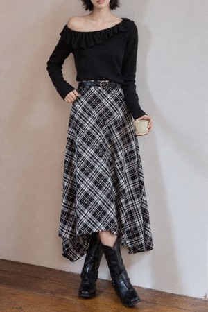 LS_Black plaid midi skirt