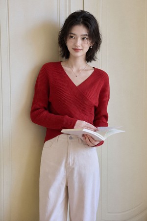 LS_Cross v-neck knit_RED