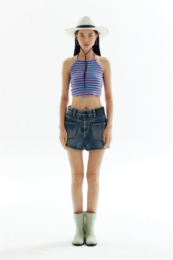 CHOWOO - 민소매티셔츠 - Stripe Halter Top - BLUE_CW1A_T06WW