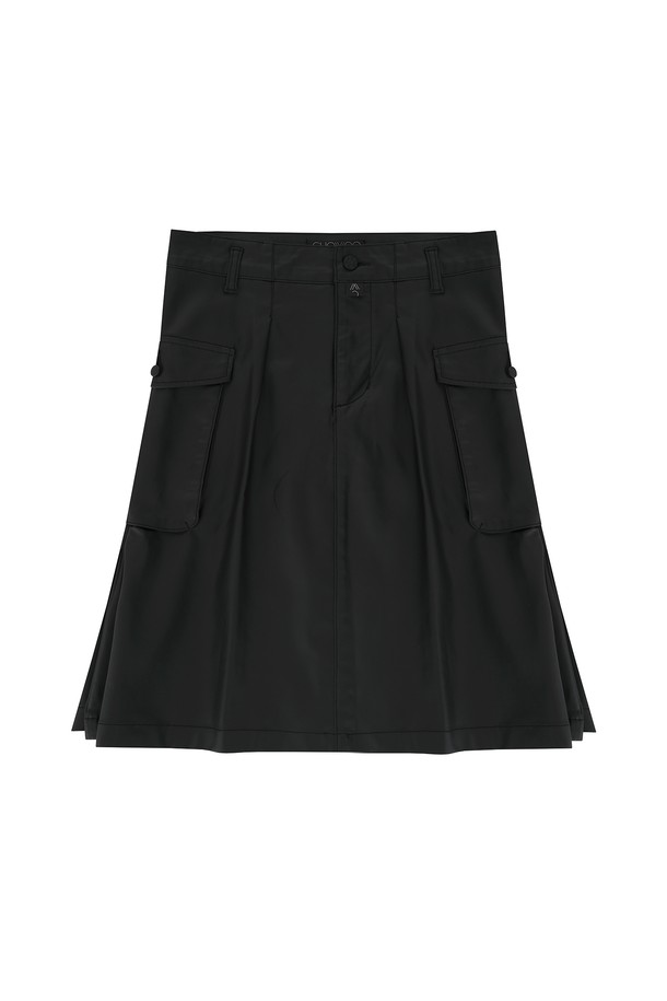 CHOWOO - 미디스커트 - Denim Leather Side Pleated Skirt