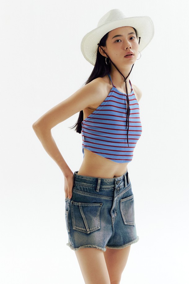 CHOWOO - 민소매티셔츠 - Stripe Halter Top - BLUE_CW1A_T06WW