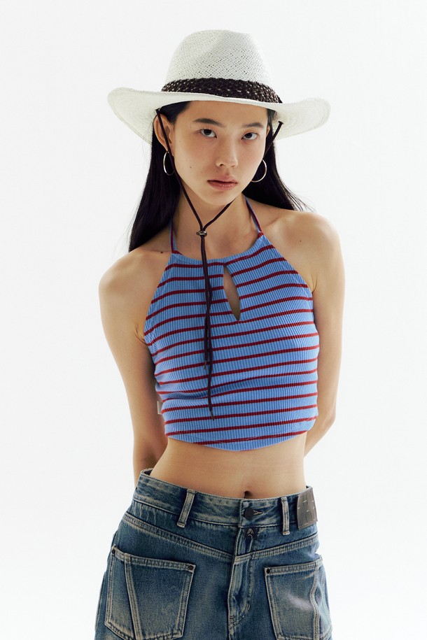 CHOWOO - 민소매티셔츠 - Stripe Halter Top - BLUE_CW1A_T06WW