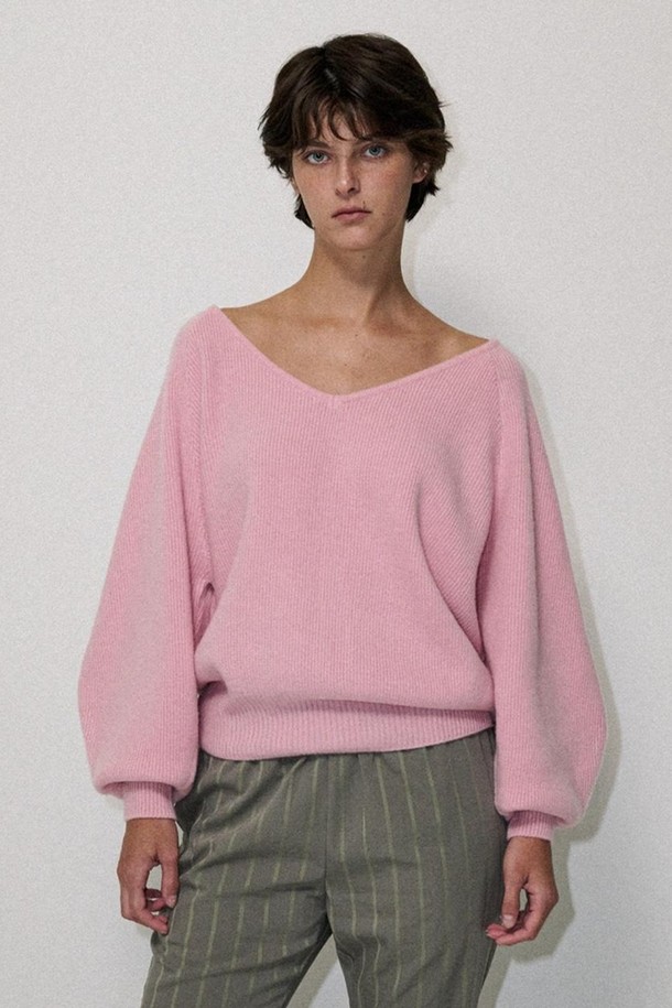 NONMUTE - 스웨터 - Ballon v-neck knit Pink