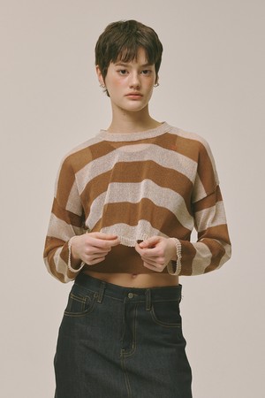 See-through Stripe Knit Top Brown