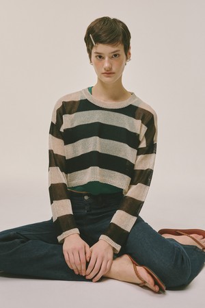 See-through Stripe Knit Top Black