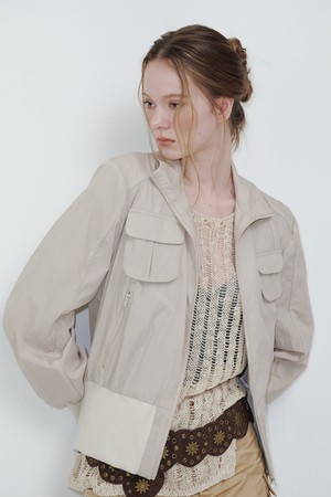 Two Pocket China Collar Blouson Jacket Beige