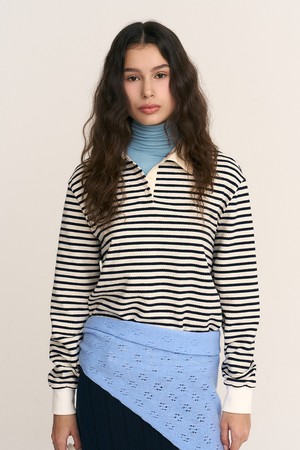Stripe Collar Longsleeve T-shirts Navy