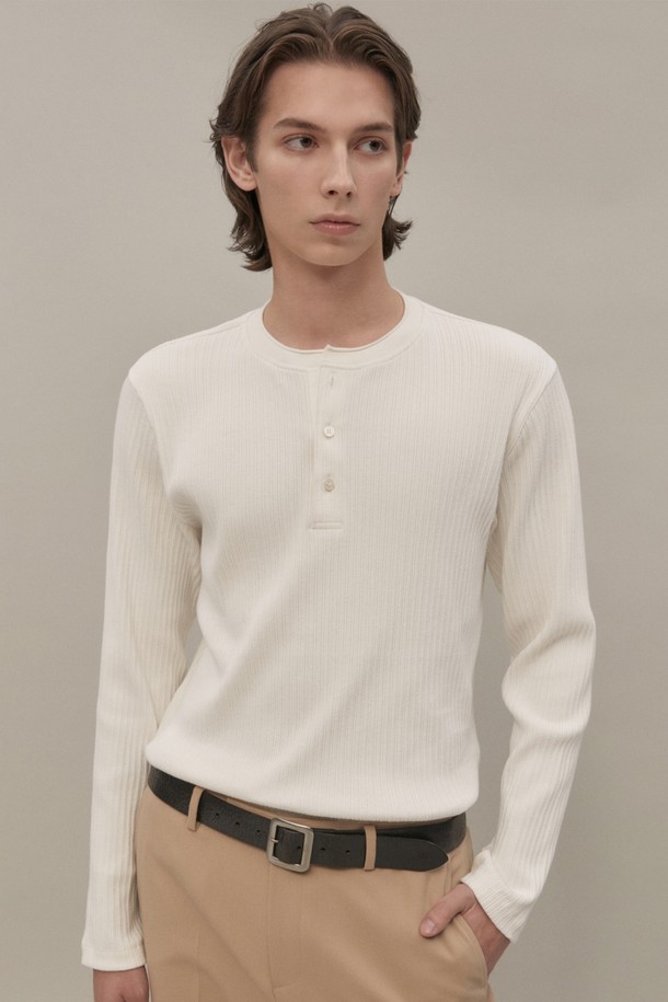 JILLSTUART NEW YORK MEN - 긴팔티셔츠 - 아이보리 리브드 헨리넥 긴팔티셔츠 (JNTS4C105IV)