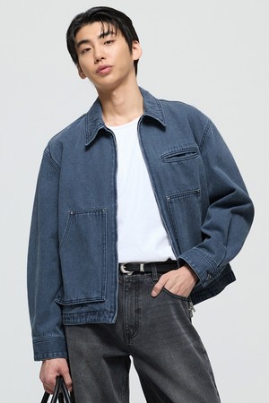 블루 세미 오버핏 피그먼트 데님 워크자켓 (TNJU4F104B2)