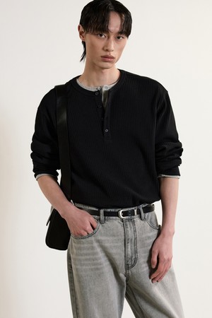 Ribbed Henley Neck T-Shirt (Black) TNTS5E106BK