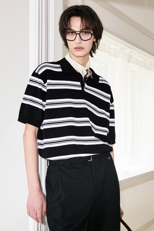 TNGT - 반팔티셔츠 - Stripe Polo Knit Top (Black) TNSW5E202BK
