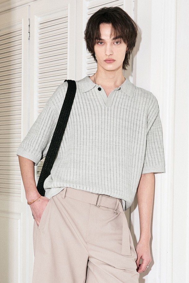 TNGT - 스웨터 - Crochet Polo Knit Top (Silver) TNSW5E205SV
