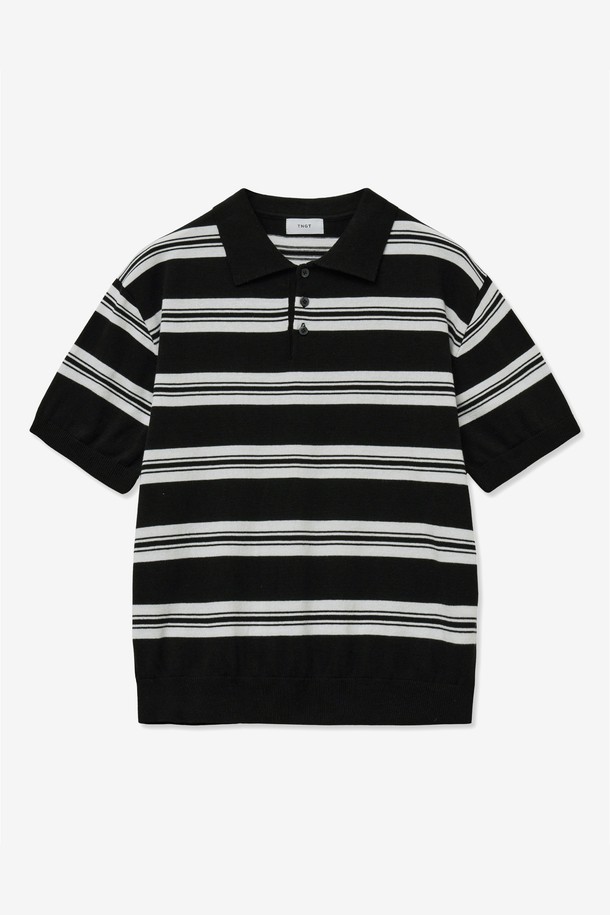 TNGT - 반팔티셔츠 - Stripe Polo Knit Top (Black) TNSW5E202BK
