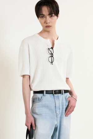 Compact Henley Neck Knit Top (Off White) TNSW5E201OW