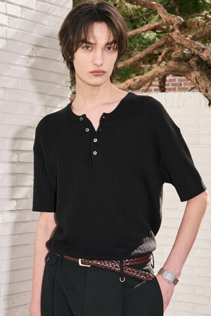 Compact Henley Neck Knit Top (Black) TNSW5E201BK