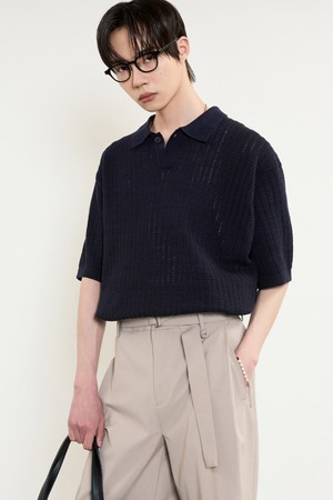 Crochet Polo Knit Top (Melange Navy) TNSW5E205N2