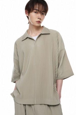 베이지 플리츠 반팔 티셔츠 (TNTS5E216I2)