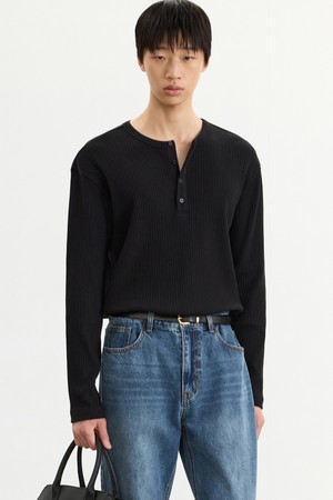 Ribbed Henley Neck T-Shirt (Black) TNTS5F100BK