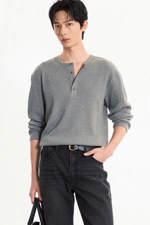 Ribbed Henley Neck T-Shirt (Grey) TNTS5F100G2