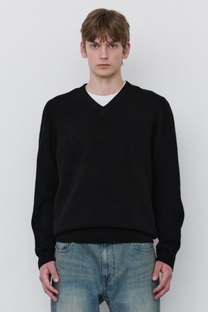 블랙 울 100% 홀가먼트 브이넥 니트 (JNSW5D202BK)
