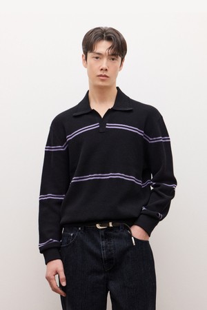 와플 오픈카라 스트라이프 니트 - 블랙(JNSW6A205BK)