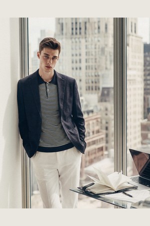 린넨 블렌드 스트라이프 카라 니트 - 다크네이비 (JNSW6B410N3)