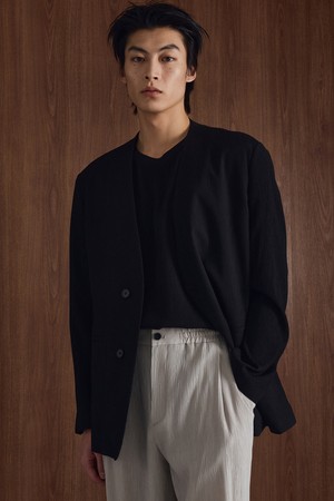 Kinoshita Seersucker Collarless Jacket (Black) TNJA6E206BK