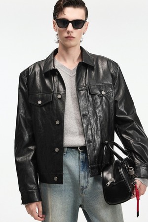 Faux Leather Trucker (Washed Black) TNJU6F101BK