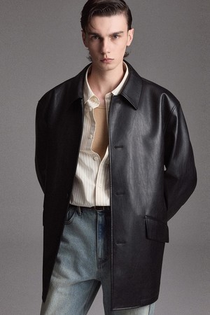 Oversized Faux Leather Car Coat (Black) TNJU6F109BK